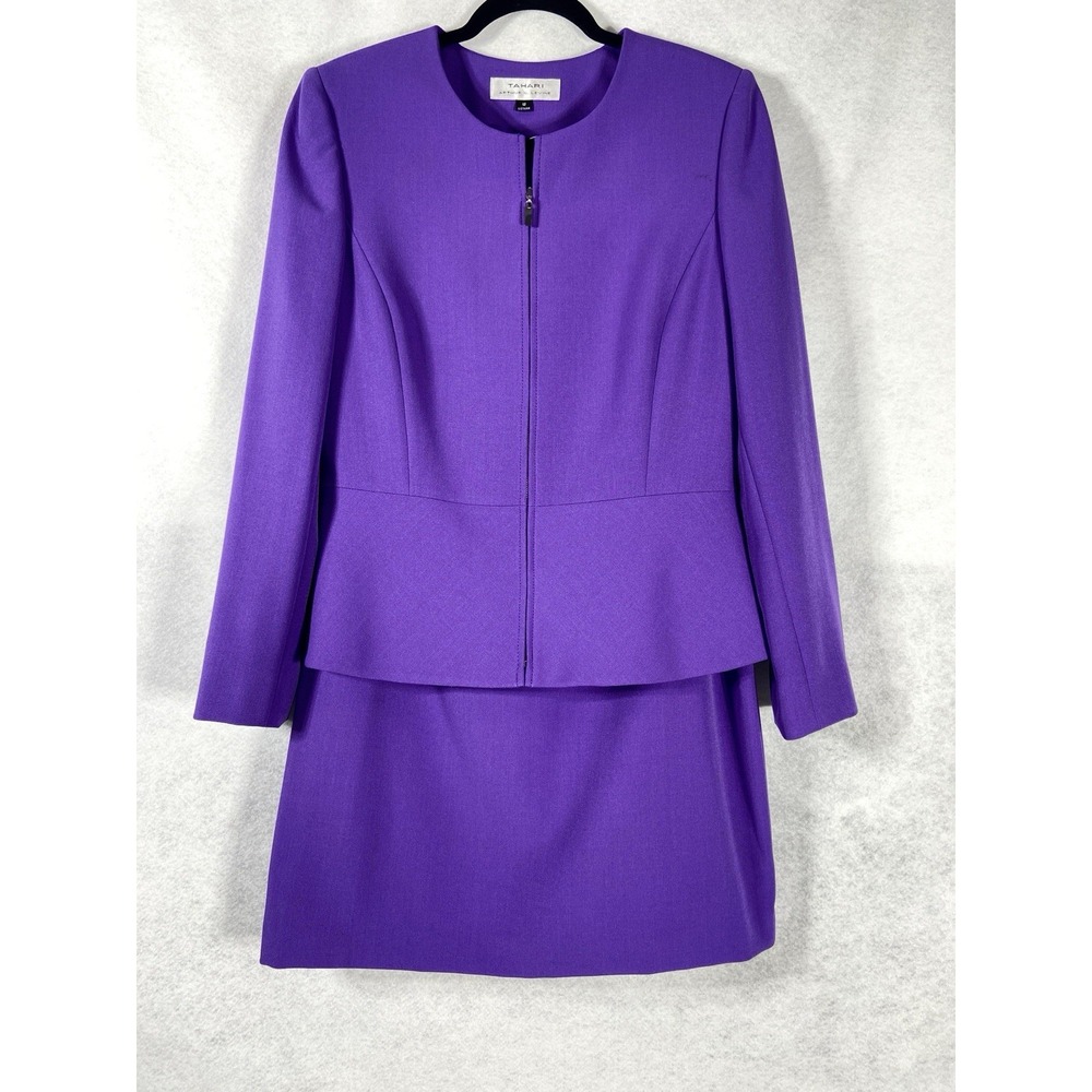 Tahari Asl 2PC Skirt Suit Women's 12 Purple Violet Blazer Zip Church Career New